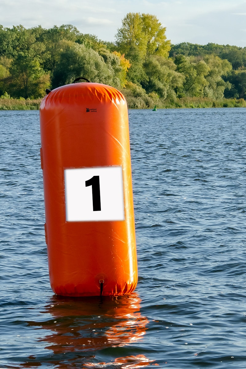 Racing mark / regatta buoy for regatta sailing, orange cylinder, inflatable, with number